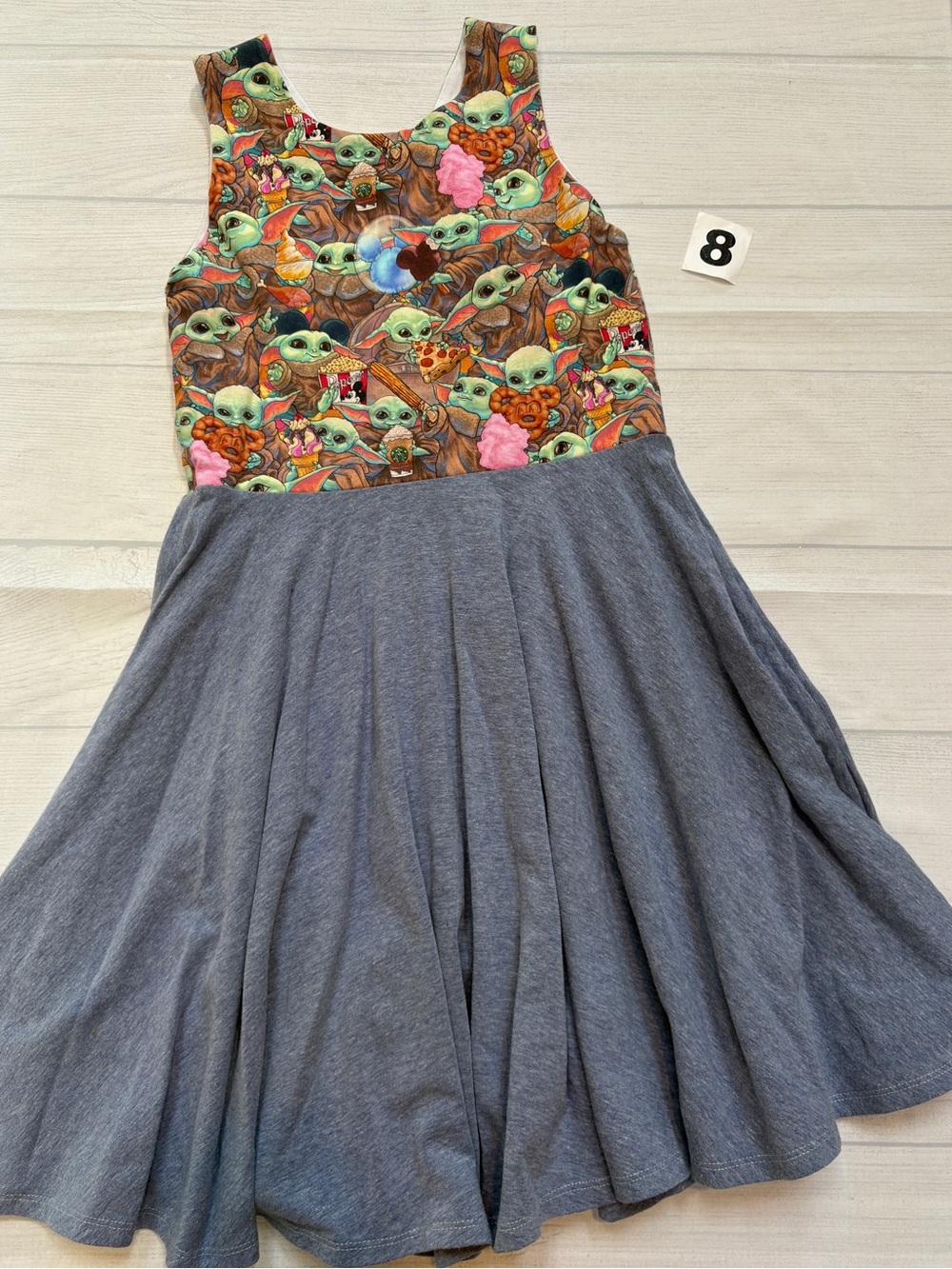 Malia and Kai Star Wars Grogu snacks Dress with Gray Twirl Skirt